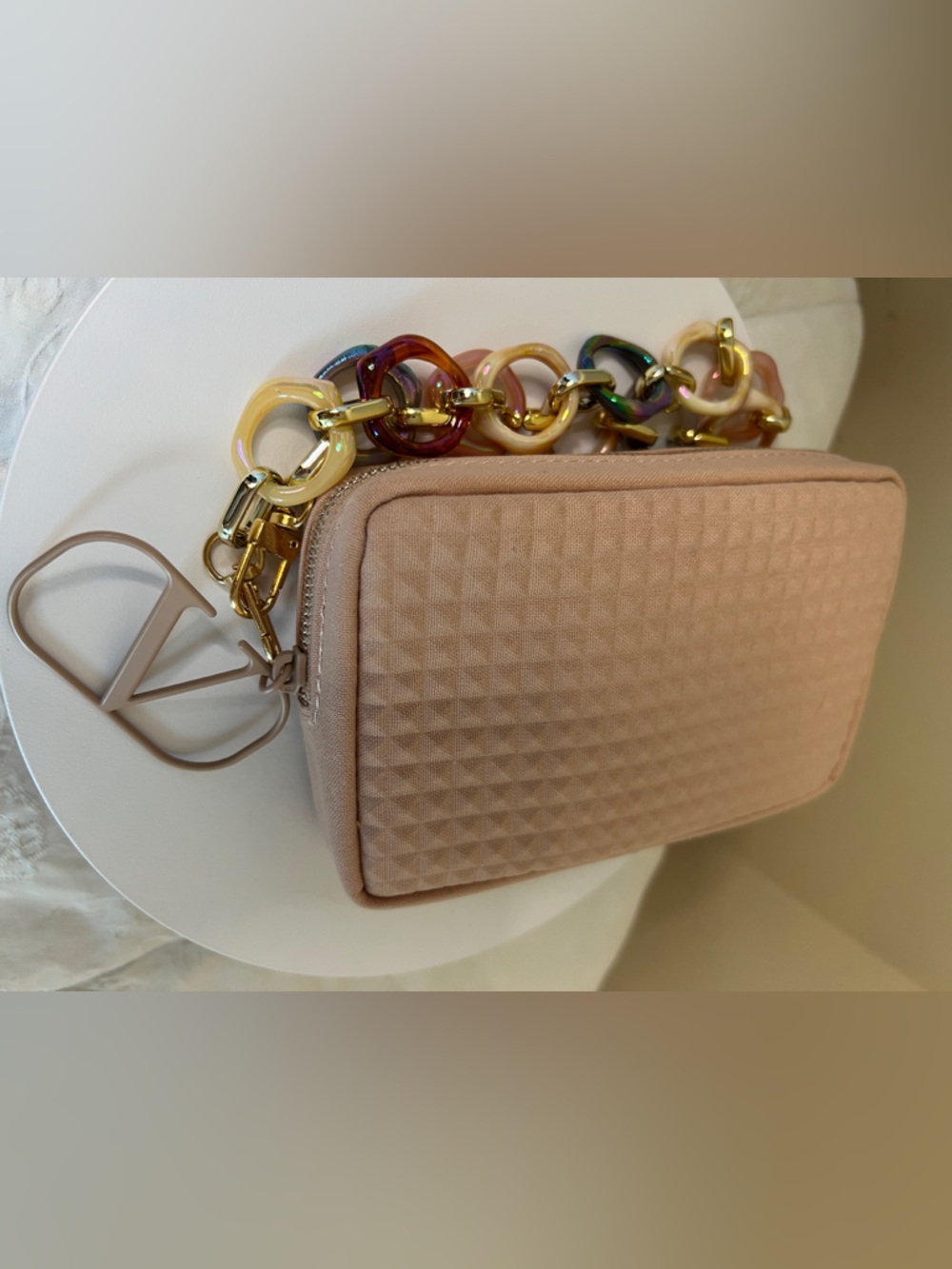 Valentino Quilted Light Pink Clutch with Iridescent Chain